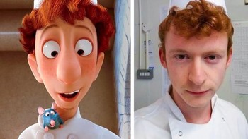 Pakai baju koki dan rambut keriwilnya pria ini mirip dengan Linguini dari film Ratatouille. Foto: Istimewa