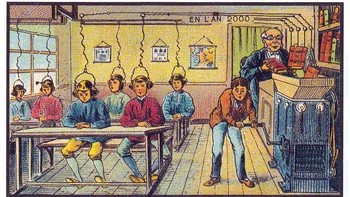 Ilustrasi ini menggambarkan seorang guru yang memasukkan buku ke dalam sebuah mesin dan isinya kemudian langsung diserap oleh murid-muridnya. Otak kita mungkin belum bisa langsung menerima informasi seperti itu, tapi konsep ini serupa dengan kita mendengarkan audiobook atau podcast. (Foto: Wikimedia) 