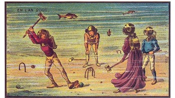 Ilustrasi ini menggambarkan sekelompok orang bermain croquet di bawah laut dengan menggunakan tangki dan helm oksigen. (Foto: Wikimedia)  