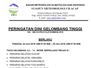 BMKG Keluarkan Peringatan Dini Gelombang Tinggi di Selatan Jateng