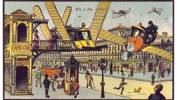 Ilustrasi ini menggambarkan masyarakat yang mengantri untuk menggunakan taksi terbang.  Côté sepertinya memperkirakan taksi terbang akan menjadi salah satu mode transportasi umum di tahun 2000. Saat ini perusahaan seperti Uber sedang mengembangkan taksi terbang dan akan diluncurkan pada tahun 2023. (Foto: Wikimedia)   