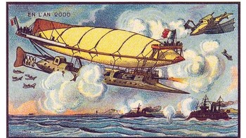 Ilustrasi ini menggambarkan perang di lautan yang melibatkan pesawat dan kapal perang. Walupun terlihat visioner, prediksi Côté masih banyak yang terpaku dengan teknologi yang eksis saat itu, seperti baling-baling. (Foto: Wikimedia)