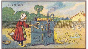 Ilustrasi ini menggambarkan alat yang dapat mempercepat perkembangan telur menjadi ayam dengan sangat cepat. Inkubator telur sudah eksis di abad 19, mungkin Côté membayangkan apa kemampuan inkubator dapat ditingkatkan menjadi lebih esktrem. (Foto: Wikimedia)  