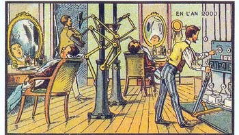 Ilustrasi ini menggambarkan tempat cukur rambut yang sepenuhnya dijalankan oleh robot. Teknologi seperti ini belum ada sekarang, dan mungkin tidak akan ada karena risiko keselamatan yang tinggi. (Foto: Wikimedia)  