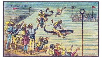 Ilustrasi ini menggambarkan sebuah lomba pacuan ikan yang dikendarai oleh penyelam dan ditonton oleh banyak orang di bawah laut. Banyak ilustrasi Côté  yang menggambarkan kehidupan di laut, sepertinya terinspirasi oleh buku 20.000 Leagues Under the Sea karya Jules Verne. (Foto: Wikimedia)