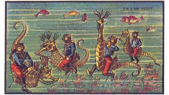 Ilustrasi ini menggambarkan penyelam yang menggunakan kuda laut sebagai kendaraan. Côté sepertinya memperkirakan kuda laut akan berukuran raksasa pada tahun 2000, padahal kuda laut terbesar yang pernah ditemukan hanya berukuran 35 sentimeter. (Foto: Wikimedia)