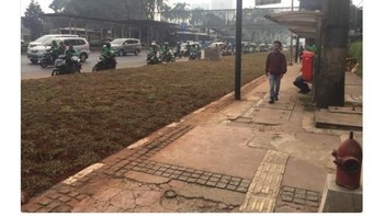 Netizen bingung apakah area rumput yang menghalangi halte harus diinjak untuk melintas atau tidak. Foto: Twitter/ayipkh