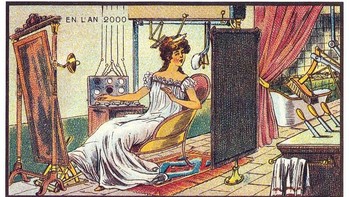 Ilustrasi ini menggambarkan seorang wanita yang dapat merias wajah dan rambutnya dengan menggunakan robot. Ia hanya perlu duduk dan mengontrol robotnya menggunakan tangan dan kakinya. (Foto: Wikimedia)  