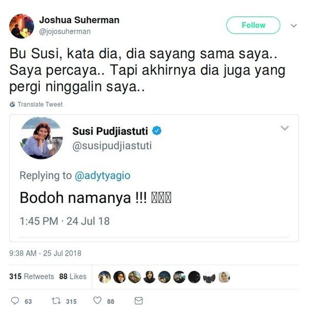 Balasan Menteri Susi bodoh namanya itu pun dijadikan meme oleh banyak netizen bercerita soal mirisnya kisah cinta yang dialami mereka. Foto: Twitter