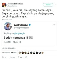 Balasan Menteri Susi bodoh namanya itu pun dijadikan meme oleh banyak netizen bercerita soal mirisnya kisah cinta yang dialami mereka. Foto: Twitter