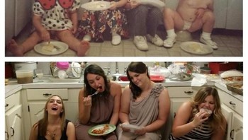 Para wanita ini mengulang gaya makan di dapur. (Foto: Brightside)