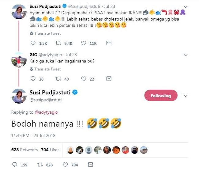 Belum lama ini Menteri Kelautan dan Perikanan Susi Pudjiastuti mengunggah postingan di Twitter yang mengajak masyarakat Indonesia untuk makan ikan. Namun salah satu netizen membalas cuitannya dan bertanya bagaimana jika dirinya tak suka makan ikan, lalu Menteri Susi pun membalas bodoh namanya. Foto: Twitter
