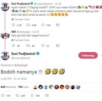 Belum lama ini Menteri Kelautan dan Perikanan Susi Pudjiastuti mengunggah postingan di Twitter yang mengajak masyarakat Indonesia untuk makan ikan. Namun salah satu netizen membalas cuitannya dan bertanya bagaimana jika dirinya tak suka makan ikan, lalu Menteri Susi pun membalas bodoh namanya. Foto: Twitter