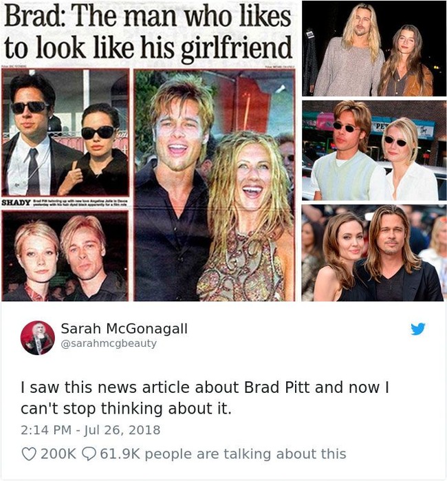 Seorang pengguna Twitter bernama Sarah McGonagall menyadari perubahan gaya Brad Pitt tergantung wanita yang ia kencani. Aku membaca berita tentang Brad Pitt dan sekarang tidak bisa berhenti memikirkannya, kata Sarah, yang kini menjadi viral. Foto: Ist.