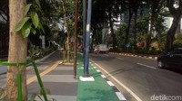 Jalur sepeda yang menyatu dengan trotoar di depan pintu gerbang GBK Senayan terhalang tiang hingga pohon.