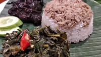 Cara lain menikmati nasi megono dengan cumi item plus oseng daun singkong. Seperti di RM Mlinjo ini. Foto: Instagram @darylhrt