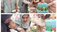 Momen ulang tahun anaknya, Aisyahrani dirayakan dengan sebuah cake berwarna biru dengan tema tanaman. Kok Syahrini nggak kelihatan ya?  Foto: Instagram @syh55