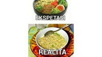 Kalau lihat penyajian gambar di kemasan mie instan pasti sangat enak dan lengkap. Ada sayuran, telur hingga tambahan beberapa potongan daging. Tapi ya, kalau dibuat mah hanya mie instan saja. Kalau mau nambah butuh modal lagi kan. Foto: Istimewa