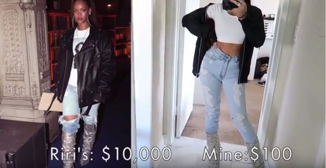 Amber selalu memiliki ide untuk membuat versi murah baju selebriti. Salah satunya gaya Rihanna memakai jaket dan celana denim serta sepatu boots berkilau. Jika gaya Rihanna harganya mencapai US$ 1.000, versi Amber hanya US$ 100. Foto: Instagram, YouTube Amber Scholl