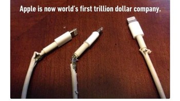 Akun Twitter @9GAG menulis kicauan mengenai alasan di balik kesuksesan Apple dalam menyentuh valuasi USD 1 triliun. Foto: Twitter