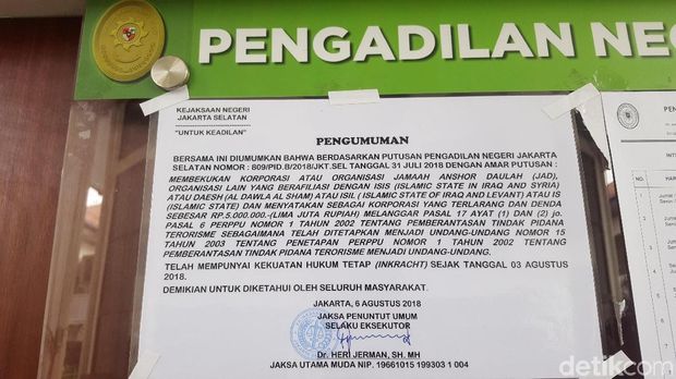 Jaksa Pasang Pengumuman JAD Organisasi Terlarang yang Dibekukan