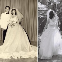 Anda yang ingin memakai baju pengantin bekas ibu, bisa mengalternatifkan beberapa material agar tampak lebih kekinian. Seperti wanita ini yang melapisi bagian bawah busana pernikahan ibunya dengan bahan tulle. Foto: Taness Herman