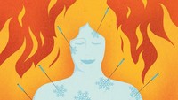 Terakhir adalah ilustrasi tentang bagaimana akupuntur membantu mengatasi hot flash, berkeringat, dan lain-lain yang merupakan gejala wajar dialami saat menopause atau perimenopause. Mereka yang mengalami gejala ini timbul rasa yang sangat panas, disertai dengan berkeringat dan detak jantung yang cepat. Biasanya berlangsung sekitar 2 sampai 30 menit setiap terjadi. Foto: Instagram/schmitz_illustration
