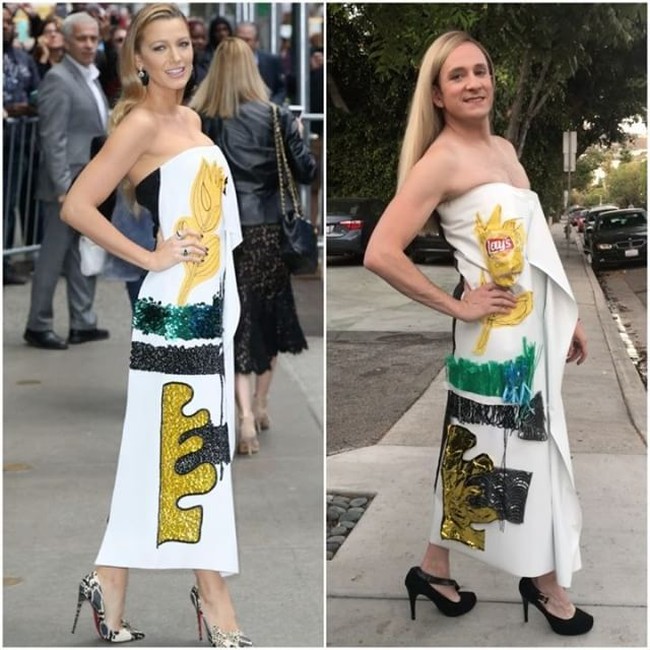 Gaun Blake Lively versi Tom ditempel sebungkus Lays. Kalau lapar, Tom tinggal merogoh dari gaunnya. (Foto: Instagram/@tommylenk)