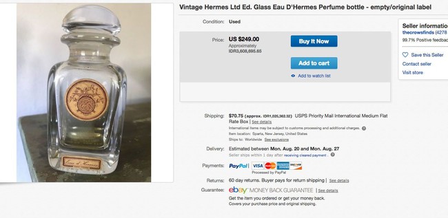 Salah satu botol kosong yang dijual dengan harga fantastis. Ini adalah botol vintage parfum Hermse Glass Eau DHermes Perfume seharga Rp 3 jutaan. Foto: Dok. eBay