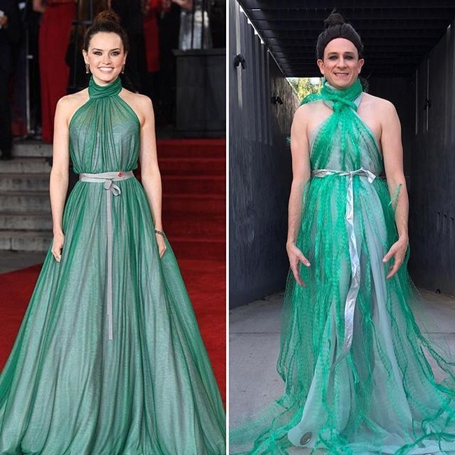 Menurut Tom, versi murah dari gaun hijau Vivienne Westwood yang membungkus tubuh Daisy Ridley ini terbuat dari jaring tanaman. Foto: Instagram/@tommylenk