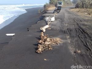 Ombak Tinggi Rusak Jalan Pantai Glagah dan Ancam Tambak Udang