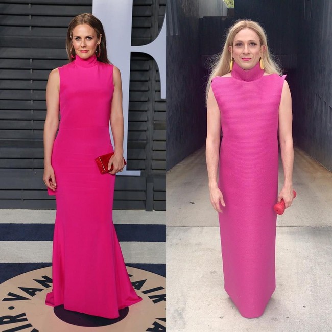 Tom memanfaatkan alas yoga untuk menciptakan ulang gaun pink Alicia Silverstone ini. Hasil akhirnya hampir mirip yah? (Foto: Instagram/@tommylenk)