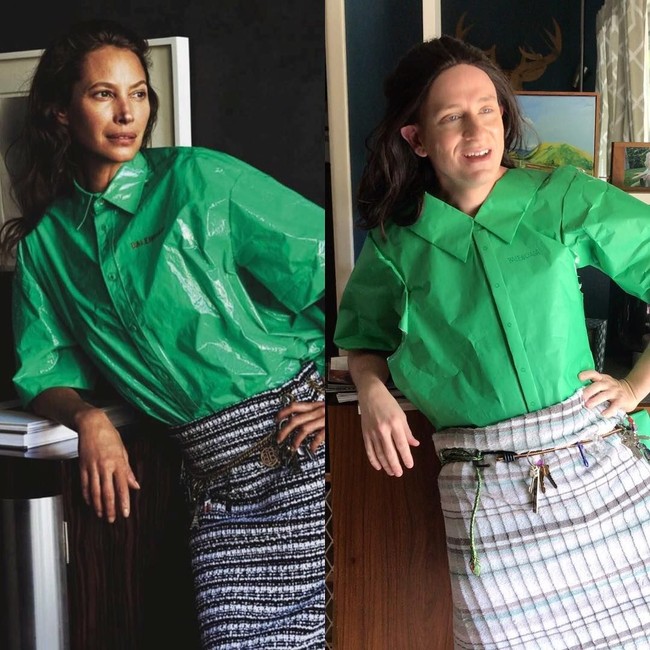 Di sebelah kiri, model senior Christy Turlington Burns tampil modis dalam balutan kemeja mengilap Balenciaga. Kanannya, Tom dengan baju yang sama namun berbahan kertas dan rok dari handuk. (Foto: Instagram/@tommylenk)
