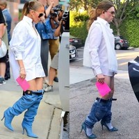 Gaya Jennifer Lopez tanpa celana dengan boots denim Versace sempat jadi perbincaan hangat baru-baru ini. Tom pun nggak mau kalah. Ia memakai jeans melorot untuk meniru sepatu fancy tersebut. (Foto: Instagram/@tommylenk)