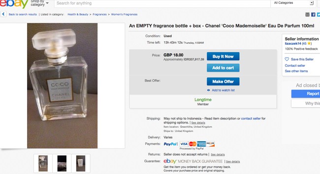 Jika menilik dari situs eBay, sejumlah pengguna menjual botol-botol parfum atau produk kosong dari brand kecantikan ternama. Beberapa dijadikan sebagai properti foto untuk diunggah di Instagram. Salah satunya botol parfum Chanel Coco Mademoiselle yang dijual Rp 300 ribuan. Foto: Dok. eBay