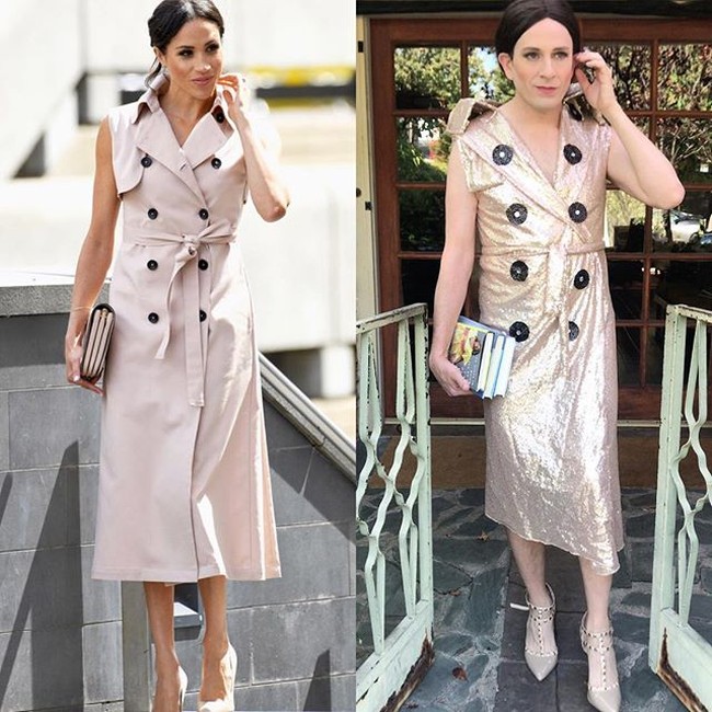 Tom menukar coat dress Meghan Markle ini dengan pakaian yang terbuat dari taplak meja berbahan sequin. Menggantikan clutch Meghan, Tom menenteng tiga buah buku. (Foto: Instagram/@tommylenk)