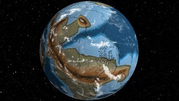 Potret Bumi pada periode Cryogenia sekitar 700 juta tahun yang lalu. Organisme bersel tunggal seperti alga muncul untuk pertama kalinya. (Foto: Ancient Earth Globe.)
