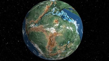 Potret Bumi pada periode Triassic sekitar 200 juta tahun yang lalu. Dinosaurus mulai muncul di sini. (Foto: Ancient Earth Globe.)