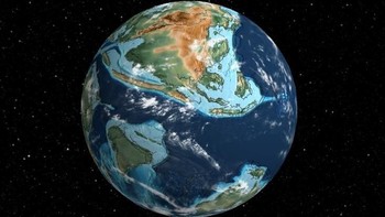 Akhir periode Cretaceous sekitar 60 juta tahun yang lalu. Meteor besar jatuh ke Bumi dan membuat dinosaurus punah. (Foto: Ancient Earth Globe.)
