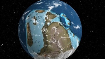 Potret Bumi pada periode Ordovician sekitar 450 juta tahun yang lalu. Batuan karang mulai muncul untuk pertama kalinya. (Foto: Ancient Earth Globe.)