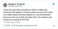 Trump Lipatgandakan Bea Impor Logam, Nilai Tukar Lira Anjlok 