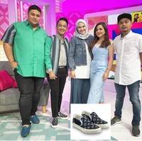 Ruben Onsu terlihat memakai sepatu Louis Vuitton saat memandu acara Brownies dengan bintang tamu Tasya Kamila dan Zee Zee Shahab. Sepatu Louis Vuitton seri trocadero sneaker itu di situs resminya dijual seharga US$ 730 atau sekitar Rp 10,5 juta. Foto: Dok. Instagram