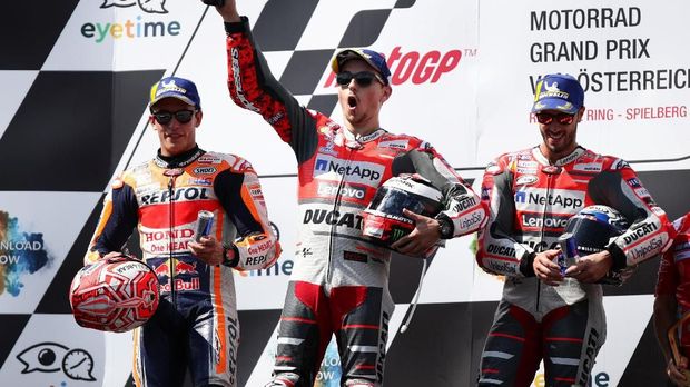 Ducati tiga kali beruntun menang pada balapan MotoGP Austria 2019.