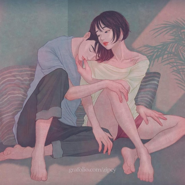 Ilustrasi kemesraan pasangan suami istri yang dibuat oleh wanita berusia 29 tahun ini pun membuat para jomblo merasa iri sekaligus bersedih. Foto: Dok. Instagram/@zipcy