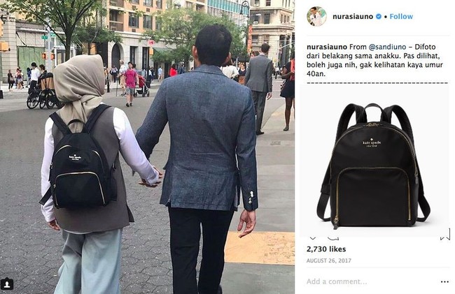 Nur Asia Uno mengunggah foto kemesraannya dengan Sandiaga Uno saat mereka jalan-jalan di Union Square Park New York. Wanita yang akrab disapa Mpok Nur itu bergaya casual dengan tas ransel Kate Spade seri watson lane hartley yang dijual di situs resminya seharga US$ 198 atau sekitar Rp 2,9 juta. Foto: Dok. Instagram, Facebook