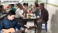 Makan di warteg identik dengan para pengamen yang seliweran. Meme ini menunjukkan gimana jadinya kalau pas Obama lagi makan ditemani pengamen. Foto: Istimewa
