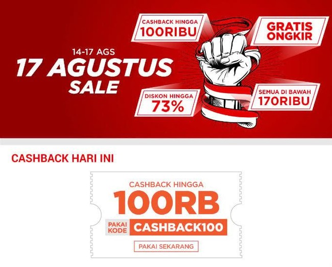 Shopee juga memanjakan para pelanggannya di Hari Kemerdekaan dengan diskon hingga 73%. Ada pula cashback hingga 100 ribu untuk barang-barang tertentu, gratis ongkir, dan barang serba di bawah Rp 170 ribu. Foto: ist