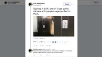 Foto: Sudah banyak traveler yang jadi korban tindakan iseng ini. Di Bandara LAX (Los Angeles), stiker ini pun ada. Korban keisengan ini sampai menghimbau agar pelakunya insyaf dan berbuat baik ke sesama. (Twitter/@worldwise001)