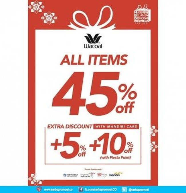 Sedangkan para wanita yang butuh pakaian dalam baru dapat melirik gerai Wacoal. Pada Hari Kemerdekaan 2018 kali ini, Wacoal memberi promo menarik yakni diskon 45% yang juga diberikan untuk semua barang. Jangan sampai kelewatan ya! Foto: ist
