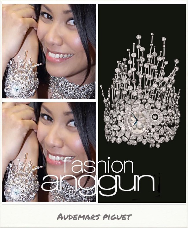 Bracelet-Montre Carnet de Bal Diamond White Gold Ladies Watch, itulah nama seri jam tangan Audemars Piguet yang dipakai Anggun C. Sasmi di foto ini. Bentuk jam tangan begitu unik dan harganya pun fantastis, mencapai US$ 1.174.188 atau sekitar Rp 17 miliar. Terbuat dari emas putih 18 karat, jam tangan ini dihiasi 1.039 berlian. (Foto: Instagram/@fashion.anggun)